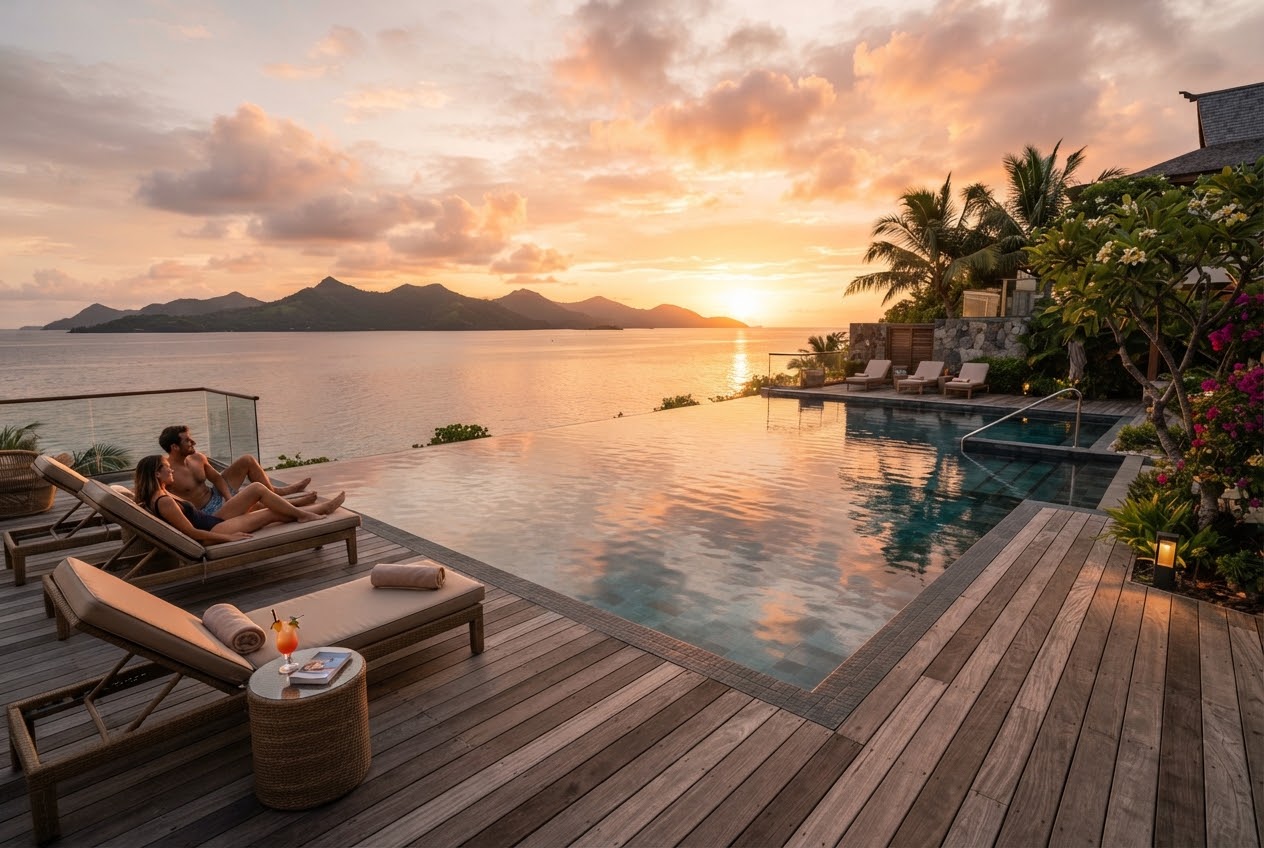 Infinity edge pool overlooking ocean and island hills at golden hour sunset