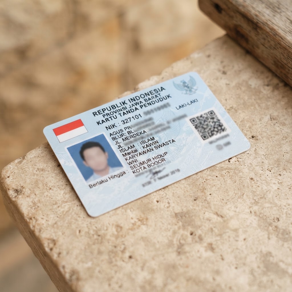 Minimalist realistic national identity card KTP card preview sample, Indonesian identity card mockup angled perspective on neutral warm stone texture, blurred private details, clean editorial graphic