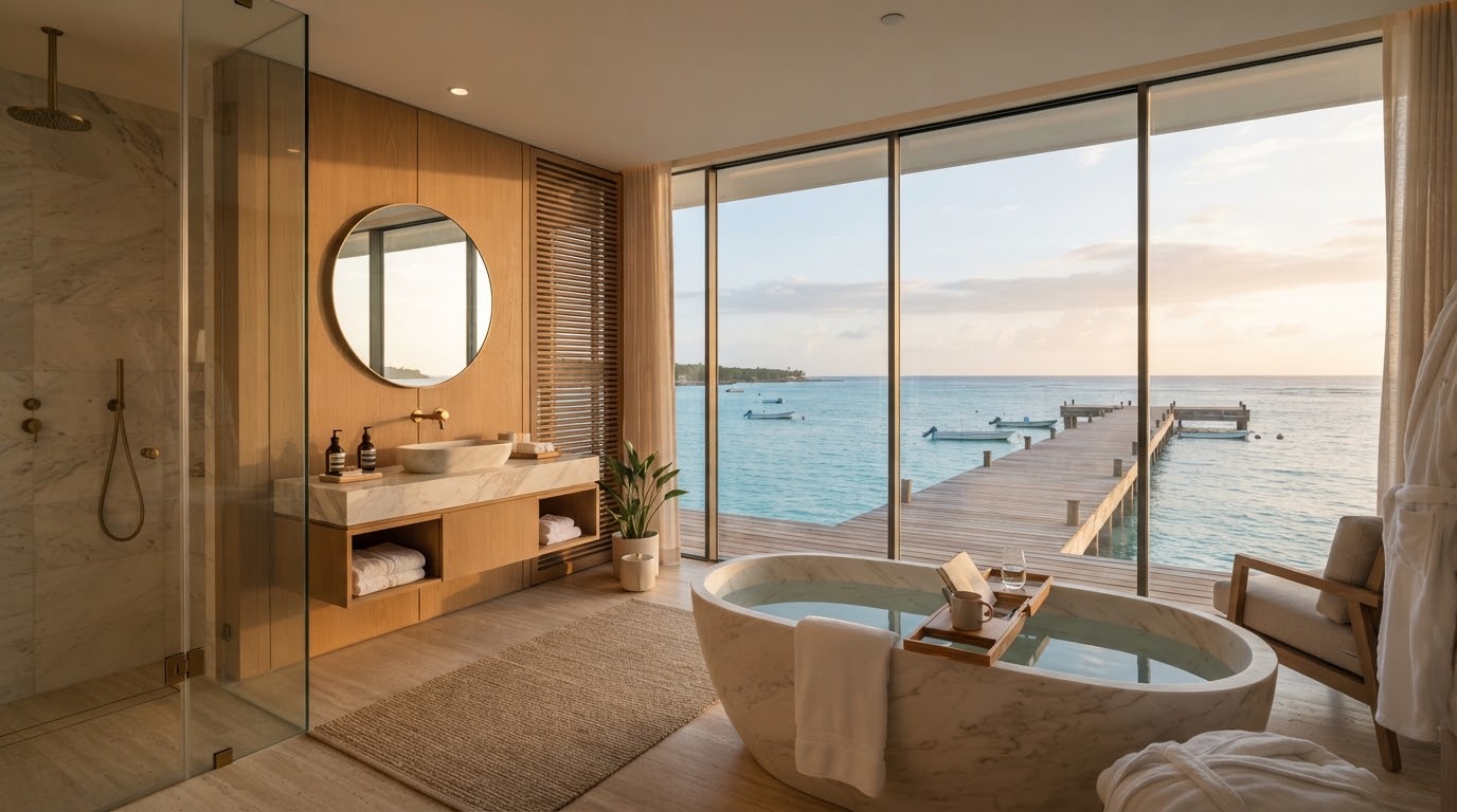 Serene bathroom with freestanding marble bathtub overlooking ocean pier